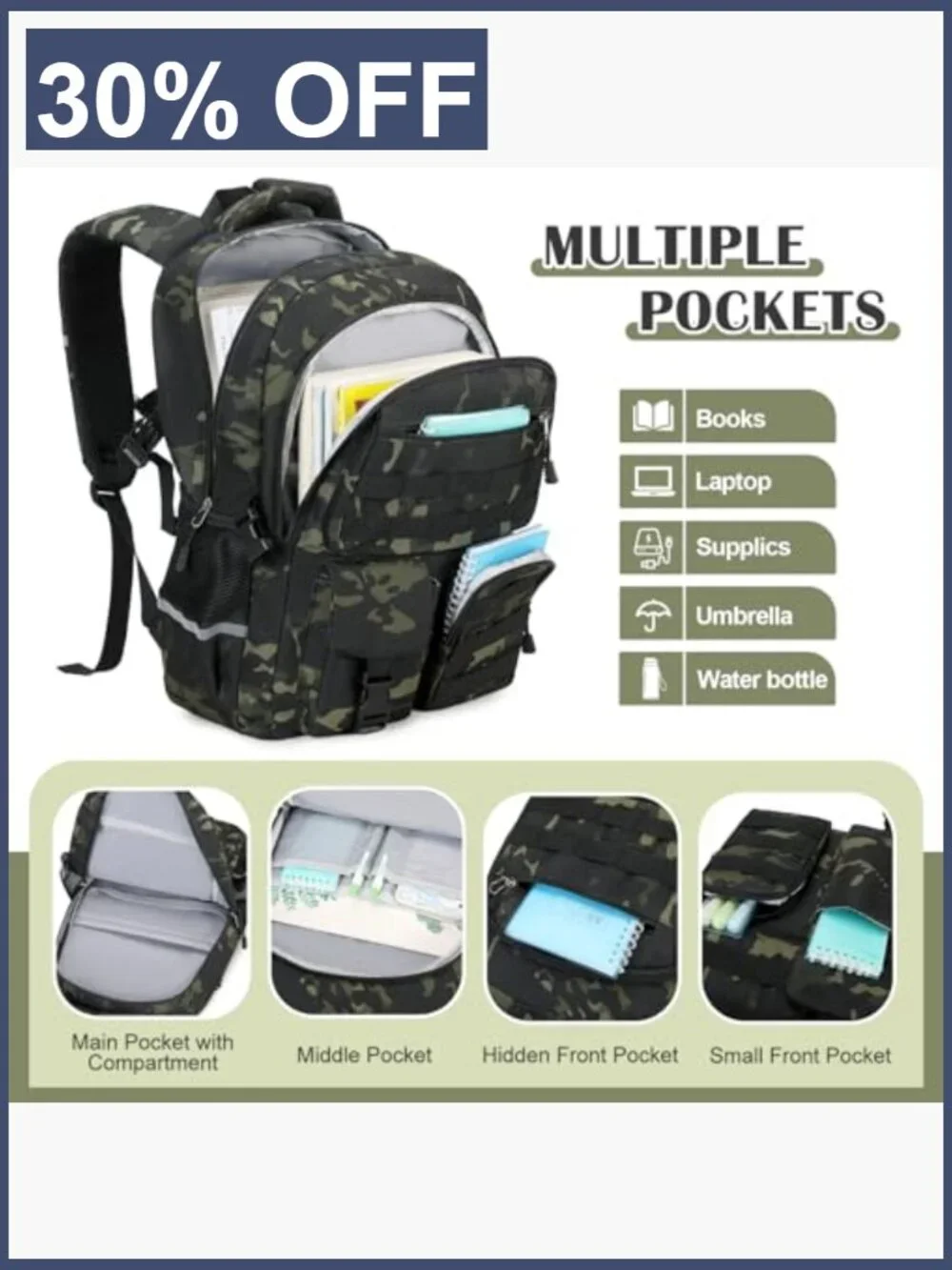 Tactical Camo Backpack Set for Boys with Lunch Bag Pencil Case, USB Port